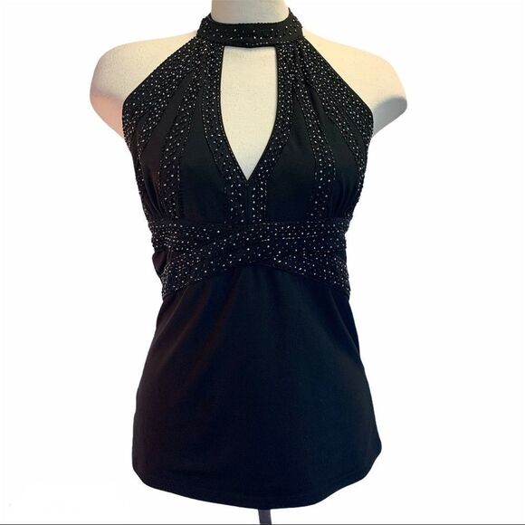 Faust black beaded evening halter top Sz L - Picture 1 of 7